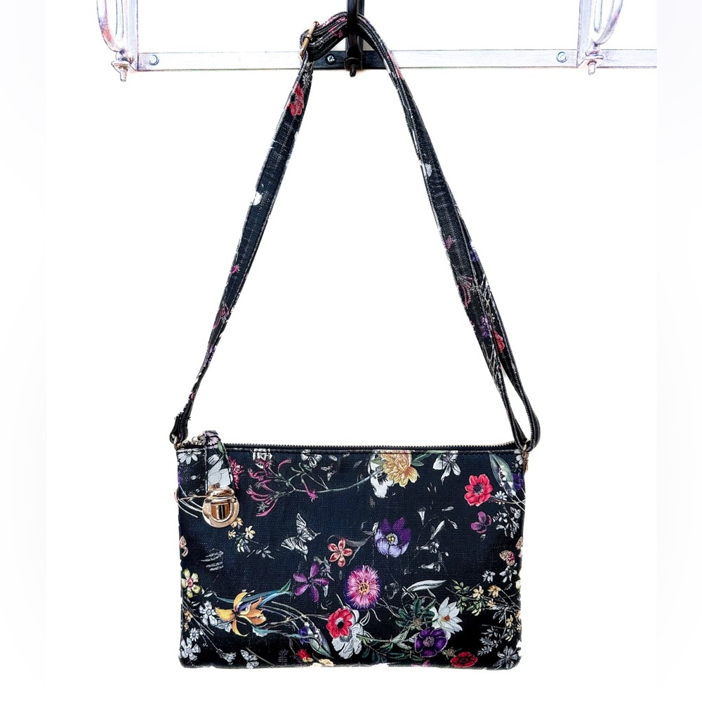 Floral purse, shoulder strap or clutch, black background with bright flowers